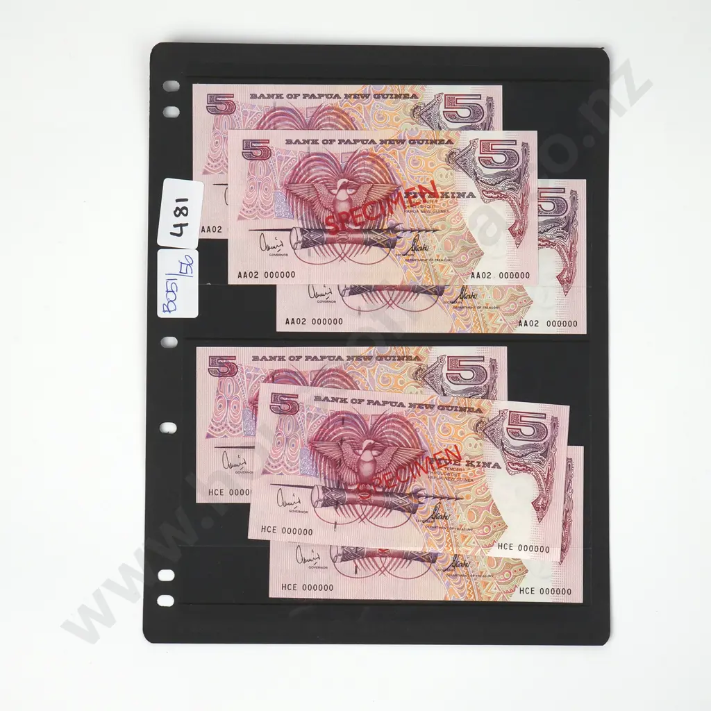 Banknote Album Sleeve w Six Papua New Guinea Five Dollar Speciman Notes Image 1++