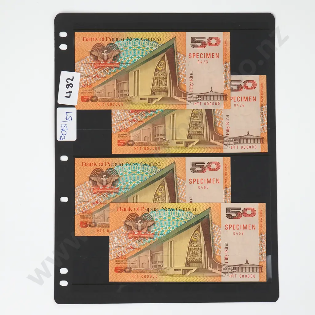 Banknote Album Sleeve w Four Papua New Guinea Fifty Kina Speciman Notes Image 1++