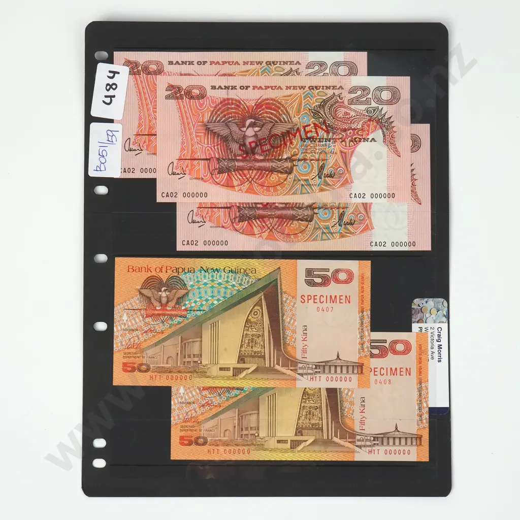 Banknote Album Sleeve w Papua New Guinea Specimen Notes Image 1++