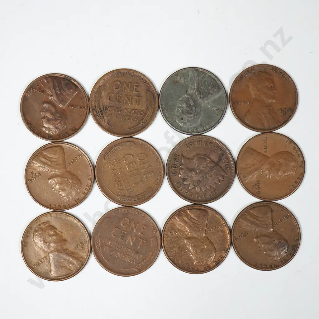 12 United States of America One Cent Coins - Indian Head / Wheat / Lincoln / Steel Image 1++