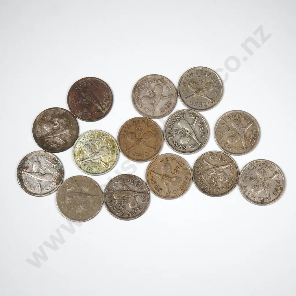 Seven 50% Silver New Zealand Threepences & Seven Post 1947 Non Silver Threepences Image 1++