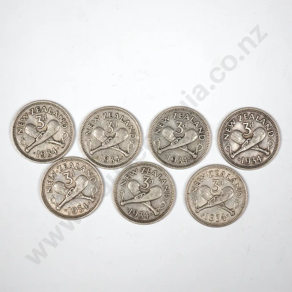 Seven 1934 New Zealand Threepence's w Die Cracks on Top of Crown Image 1++