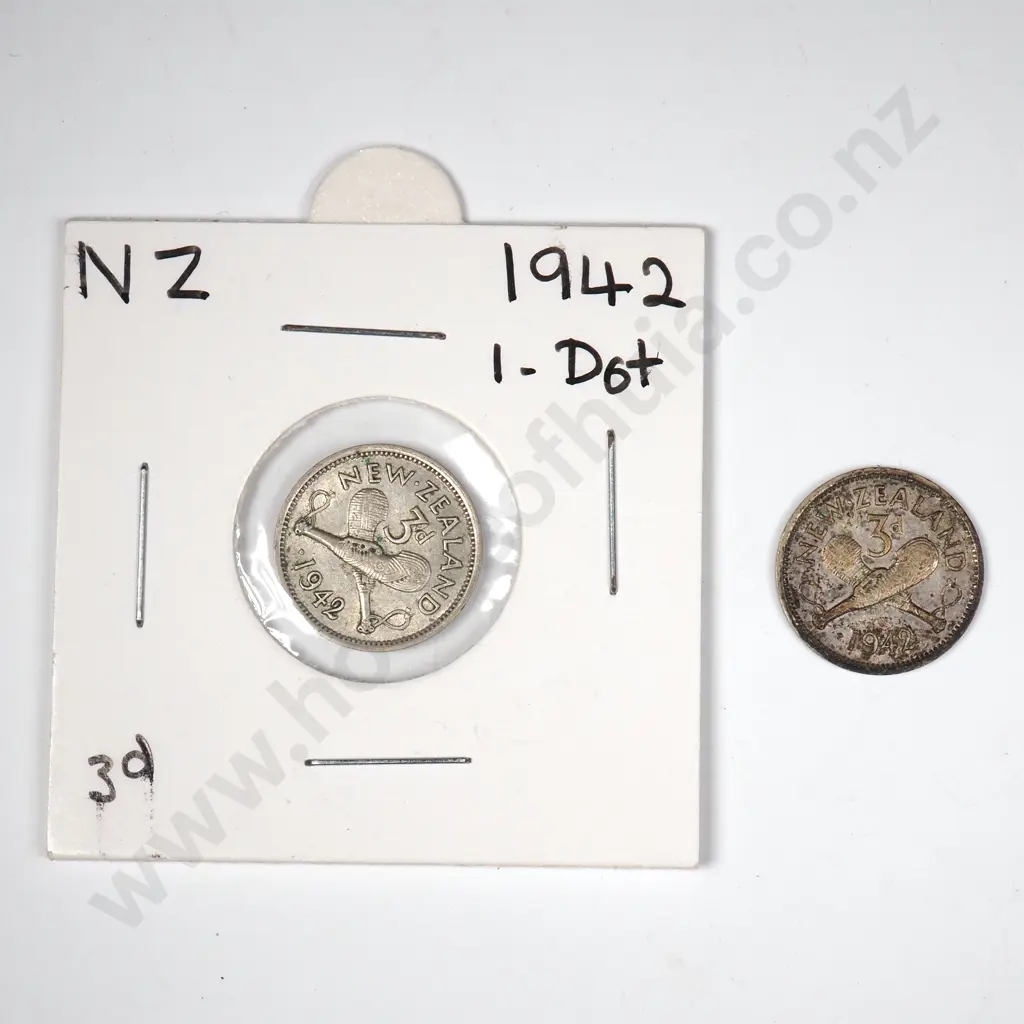 Two 1942 New Zealand Threepence - One Dot Variety Image 1++