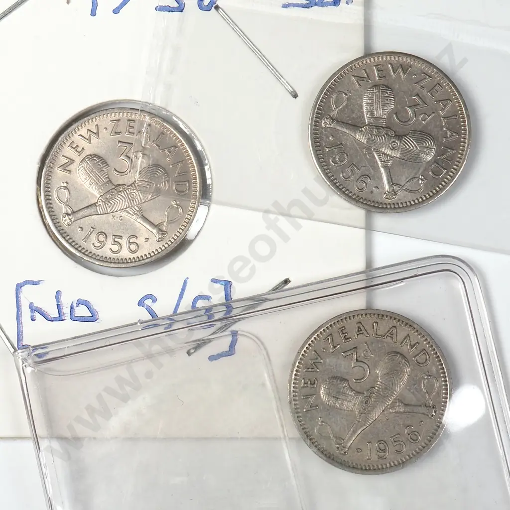 Three 1956 New Zealand Threepence Coins - No Shoulder Strap Variety Image 1++