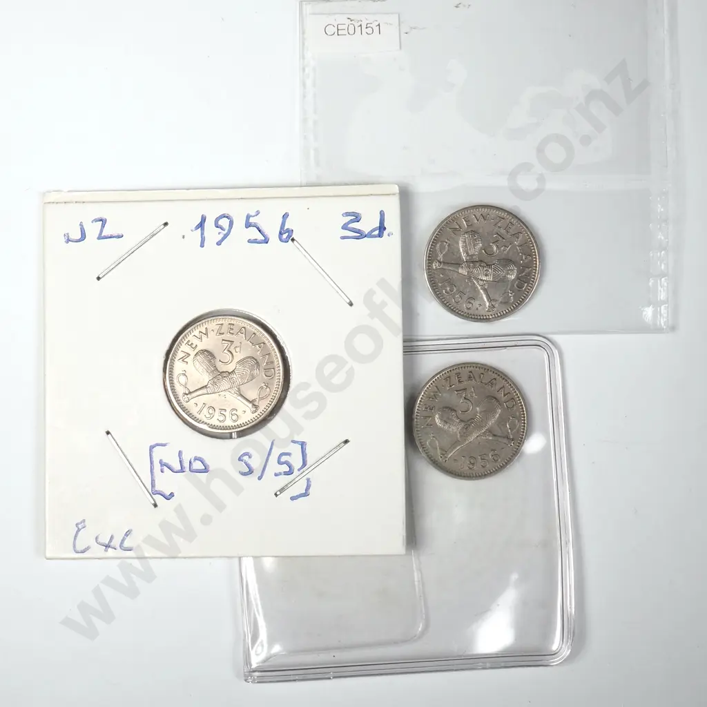 Three 1956 New Zealand Threepence Coins - No Shoulder Strap Variety Image 1++
