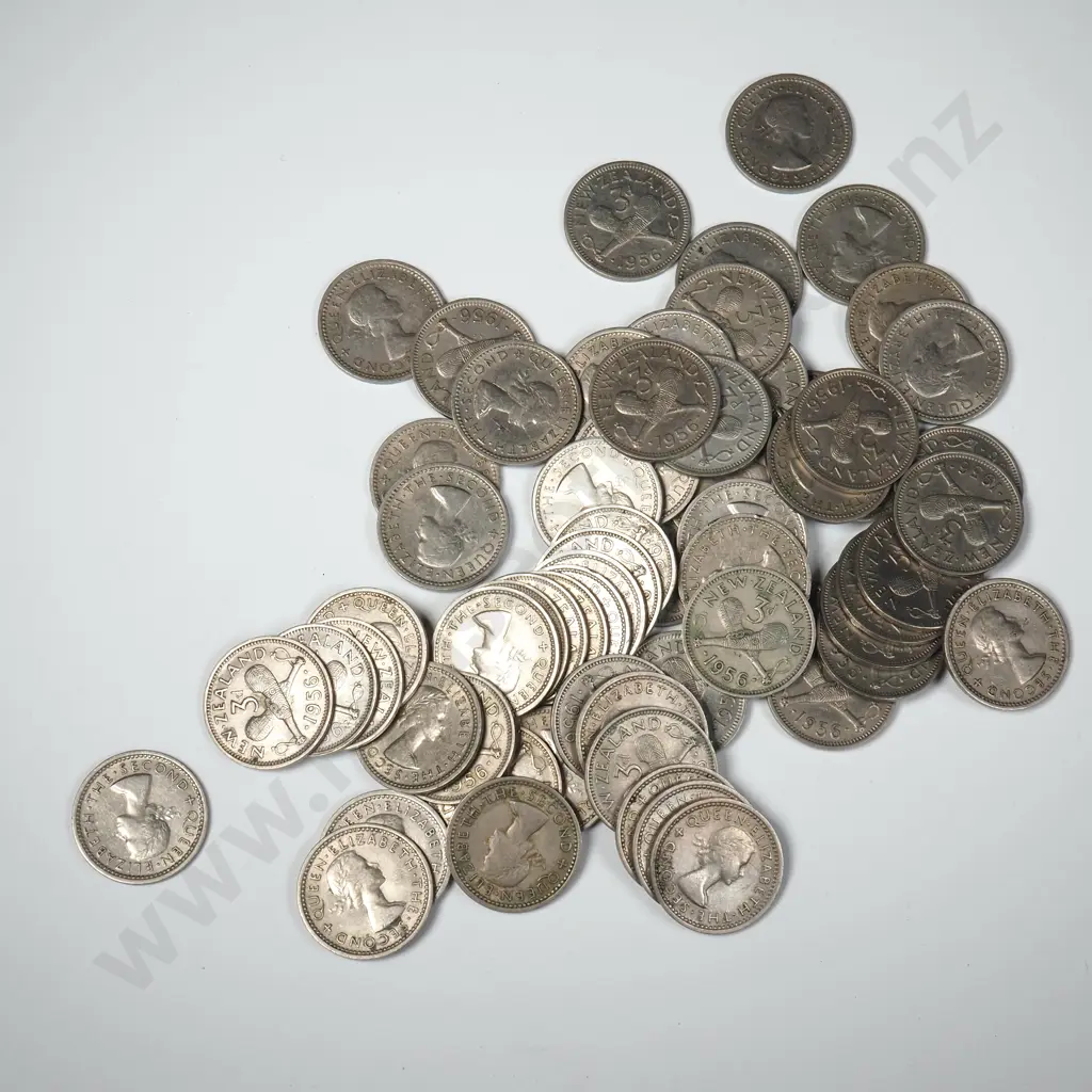 66 New Zealand 1956 Strapless Threepence's - Mostly Average - CV $528 NZD Image 1++
