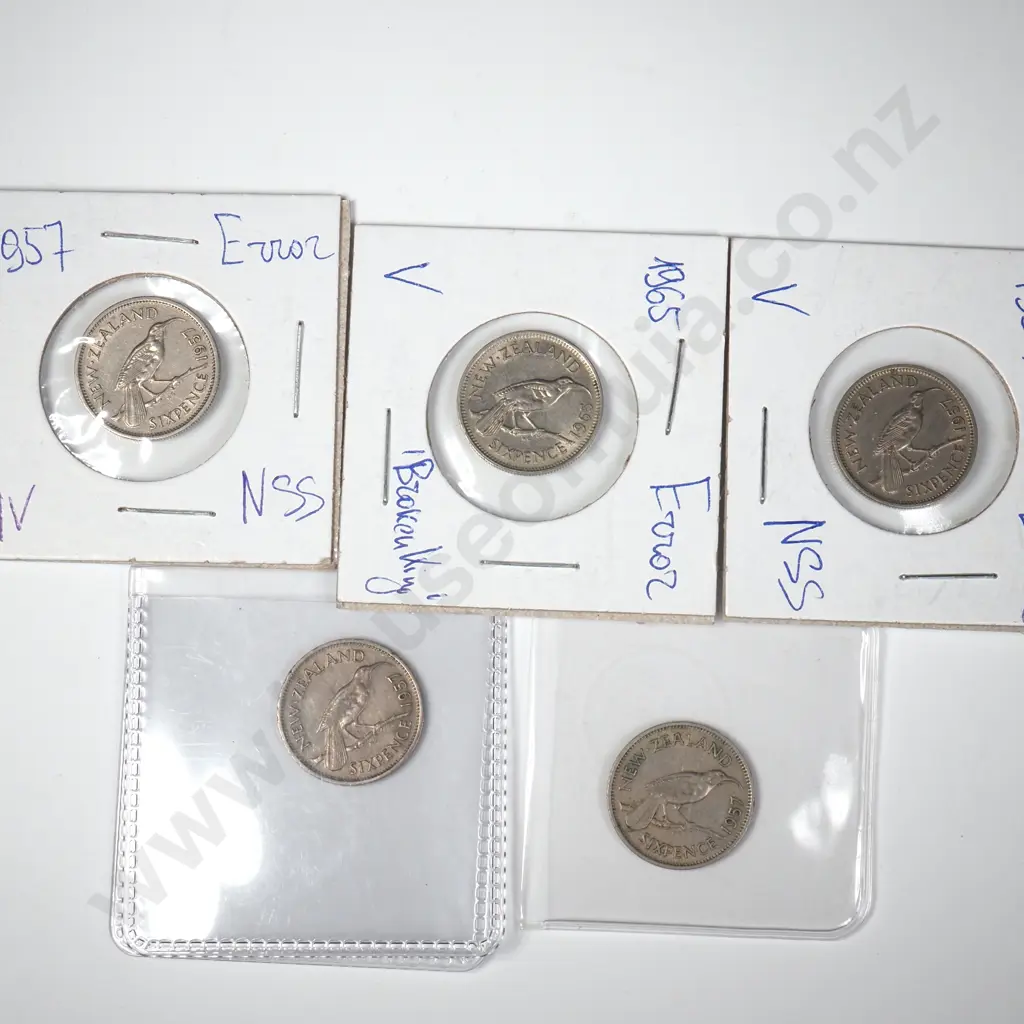 Five New Zealand Sixpence Coins - Four No Shoulder Strap & One Broken Wing Image 1++