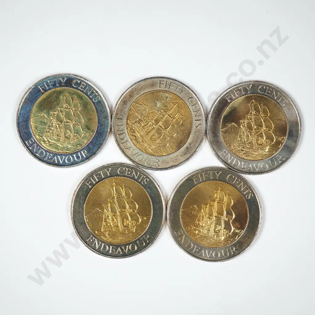 Five New Zealand Fifty Cent Bi Metal Coins  Image 1++
