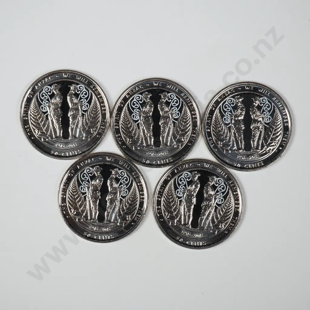Five 2015 New Zealand Anzac 50 Cent Coins  Image 1++