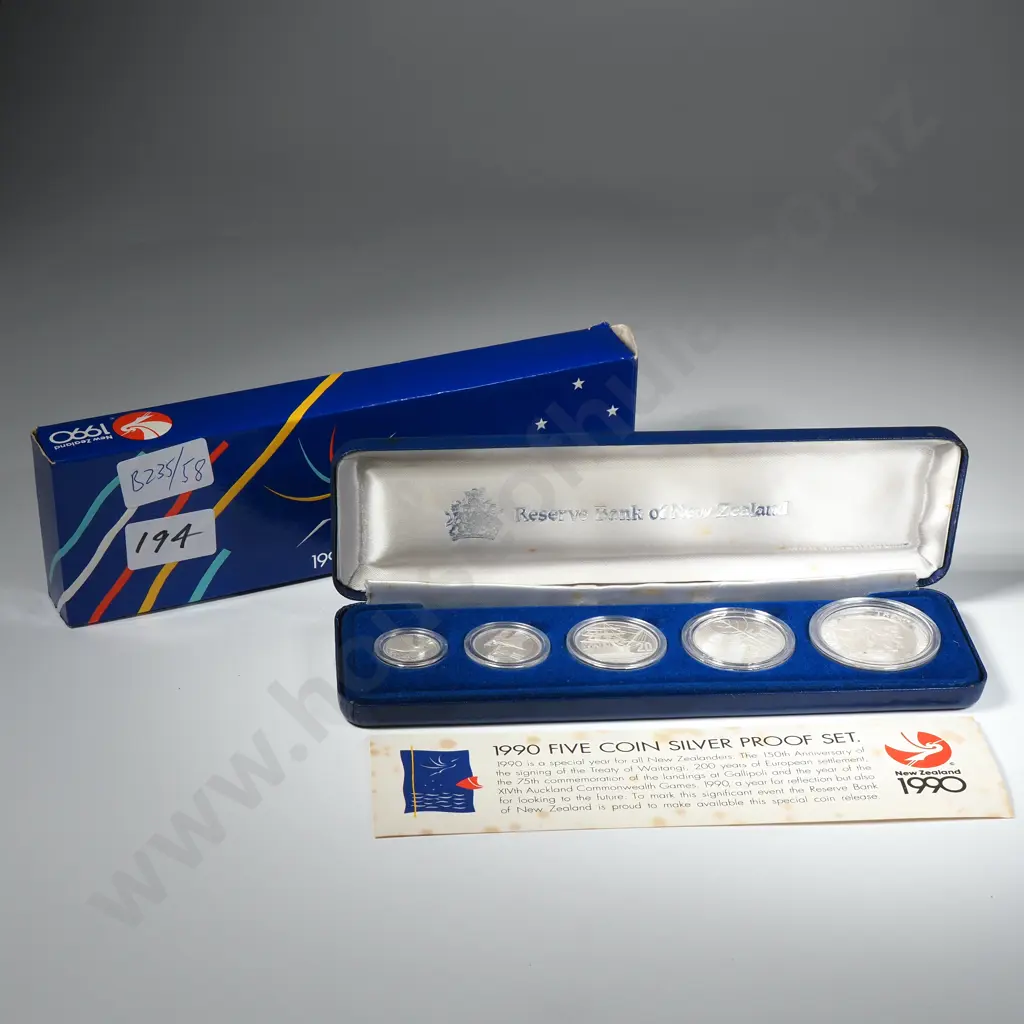 1990 New Zealand Five Coin Silver Proof Set - 60.89 Grams ASW Image 1++