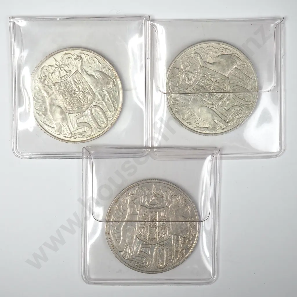 Three 1966 Australia Fifty Cent Coins - 80% Silver Image 1++