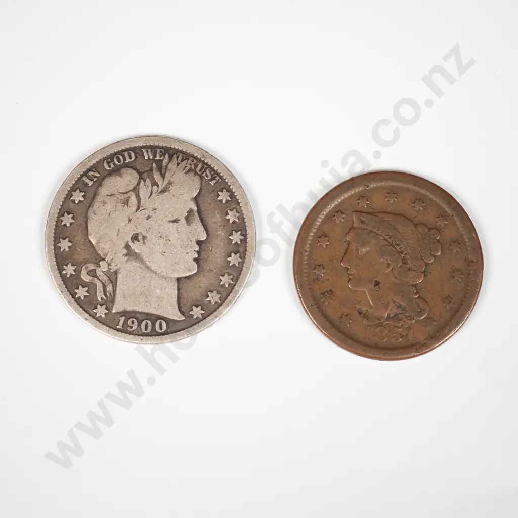 Two United States of America Coins - 1900 Half Dollar & 1851 One Cent Image 1++