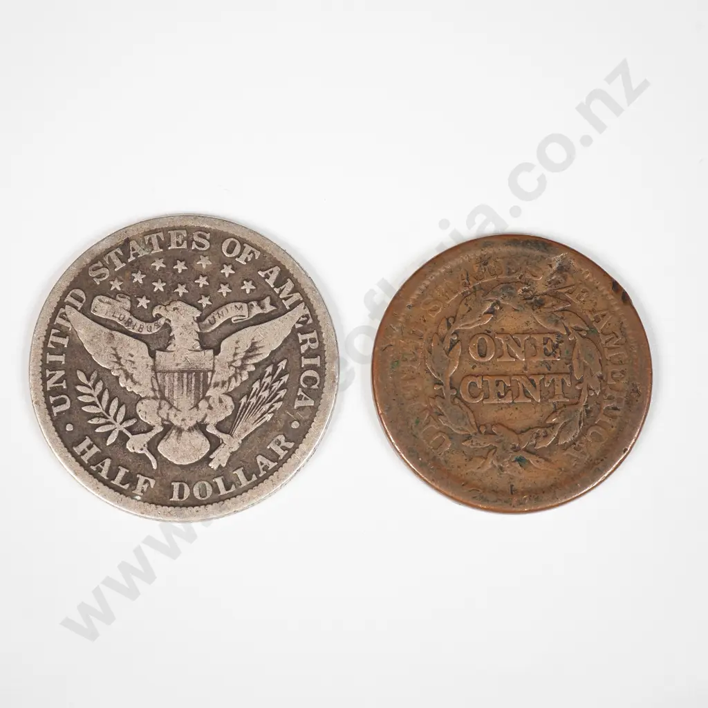 Two United States of America Coins - 1900 Half Dollar & 1851 One Cent Image 1++