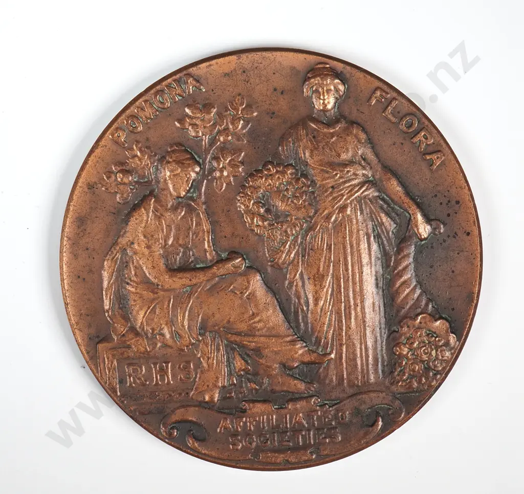 Copper medal “RHS AFFILIATED SOCITIES”, engraved “H.V.H.S. / H.V.T.M.C. ADULT CLASSES / FLORAL DISPLAY / 1953”, 44mm Image 1++