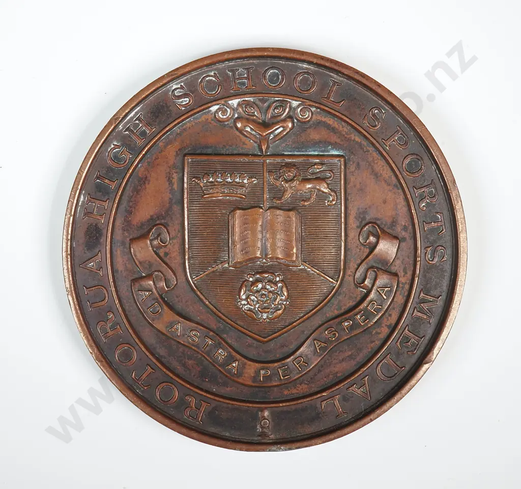 Copper medal “ROTORUA HIGH SCHOOL SPORTS MEDAL”, engraved “D. NIXON / BOYS INT / ATHLETIC CHAMP / 1949”, 48mm Image 1++