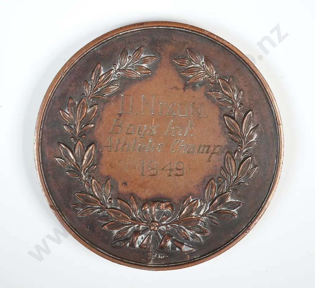 Copper medal “ROTORUA HIGH SCHOOL SPORTS MEDAL”, engraved “D. NIXON / BOYS INT / ATHLETIC CHAMP / 1949”, 48mm Image 1++