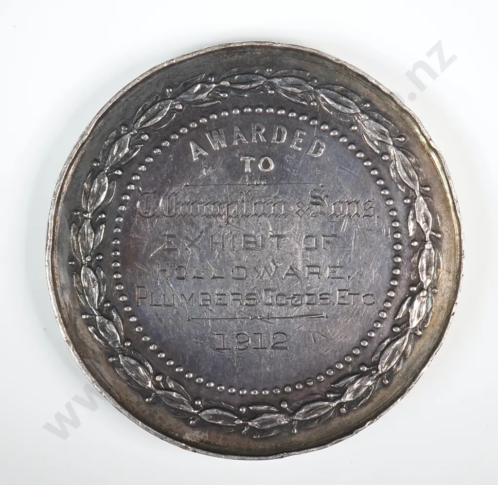 Antique sterling silver medal “CANTERBURY AGRICULTURAL & PASTORAL ASSOCIATION / FOUNDED 1863”, “AWARDED TO”, engraved “CRMPTON & SONS / EXHIBIT OF / HOLLOWARE / PLUMBERS GOODS ETC / 1912”,  55mm, 104.8 grams Image 1++
