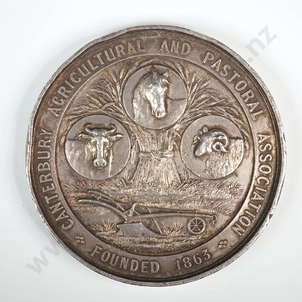 Antique sterling silver medal “CANTERBURY AGRICULTURAL & PASTORAL ASSOCIATION / FOUNDED 1863”, “AWARDED TO”, engraved “CRMPTON & SONS / EXHIBIT OF / HOLLOWARE / PLUMBERS GOODS ETC / 1912”,  55mm, 104.8 grams Image 1++