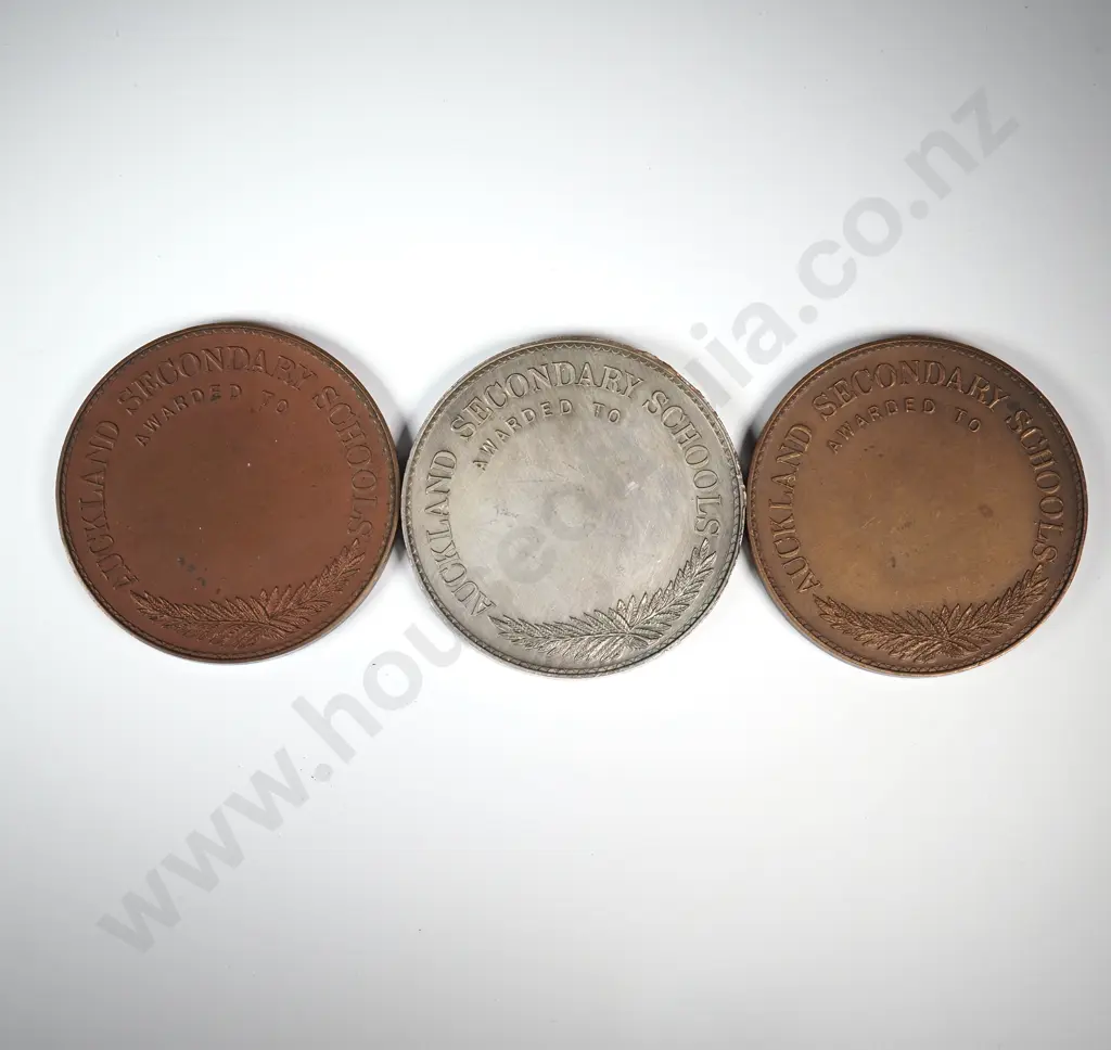 Copper, bronze and silver plate medals “ATHLETIC CHAMPIONSHIPS”,  “AUCKLAND SECONDARY SCHOOLS / AWARDED TO”, each 50mm Image 1++