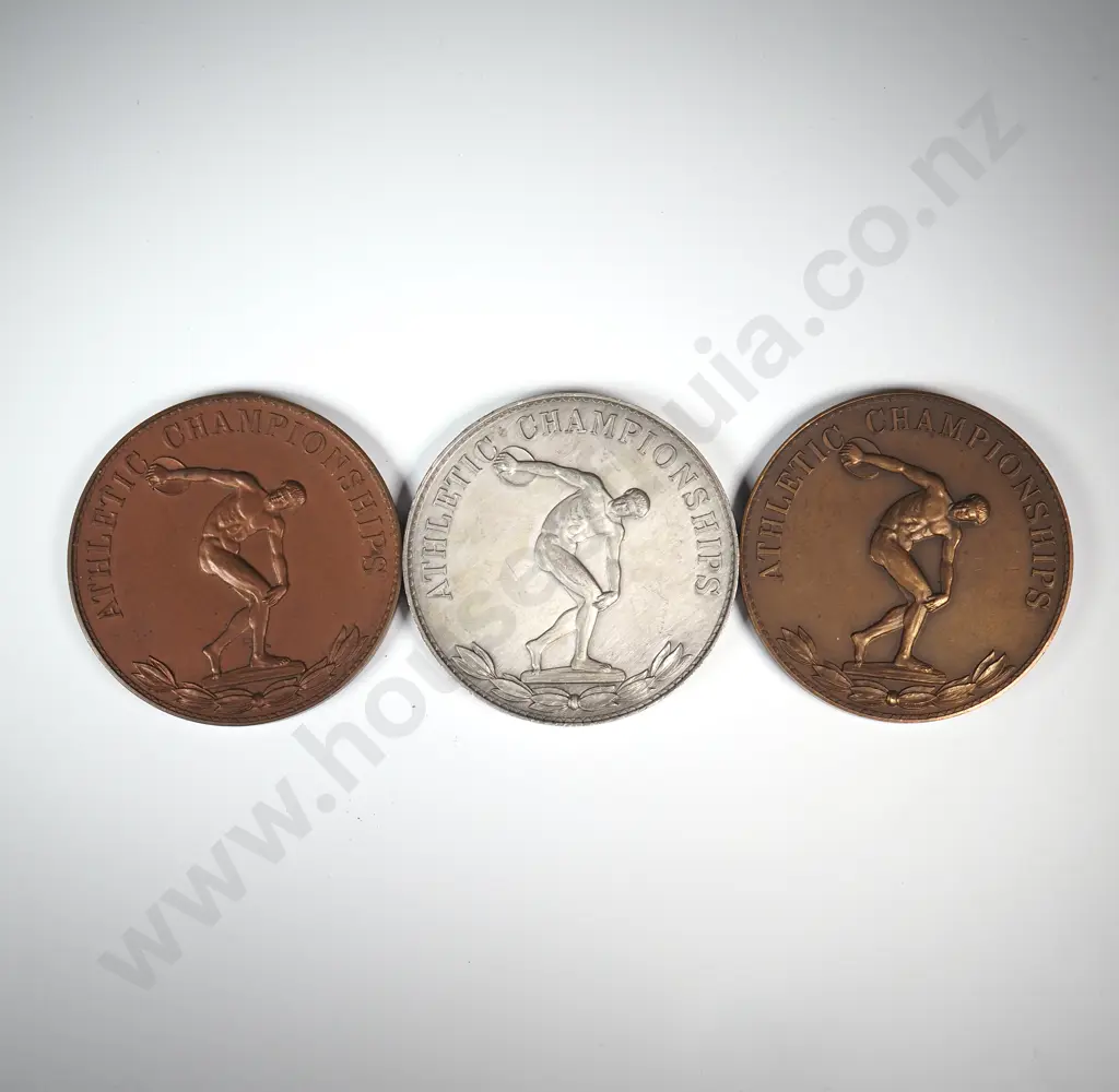 Copper, bronze and silver plate medals “ATHLETIC CHAMPIONSHIPS”,  “AUCKLAND SECONDARY SCHOOLS / AWARDED TO”, each 50mm Image 1++