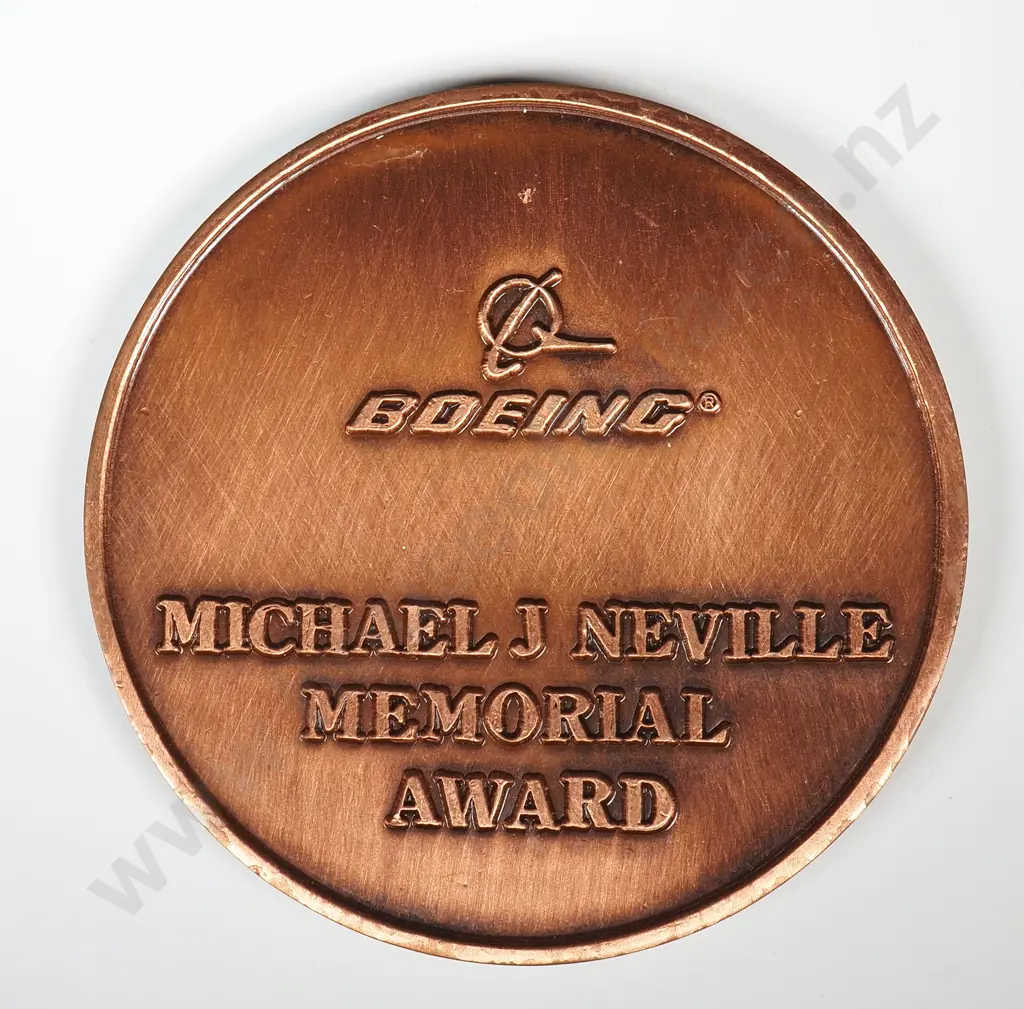 Copper medal “MICHAEL J NEVILLE 1942 - 1998” ,“BOEING / MICHAEL J NEVILLE / MEMORIAL / AWARD”, 59mm, with paperwork Image 1++