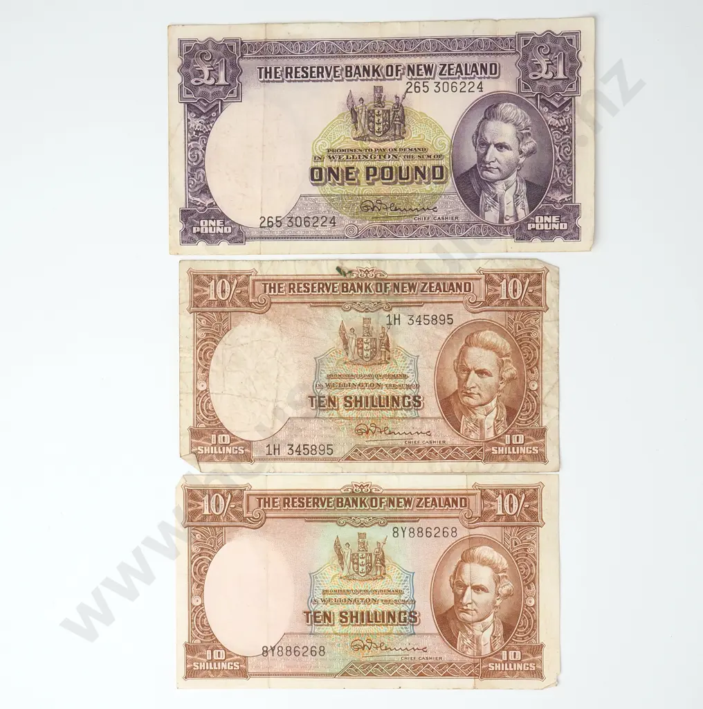 One New Zealand Fleming One Pound Banknote & Two Fleming Ten Shilling Banknotes Image 1++