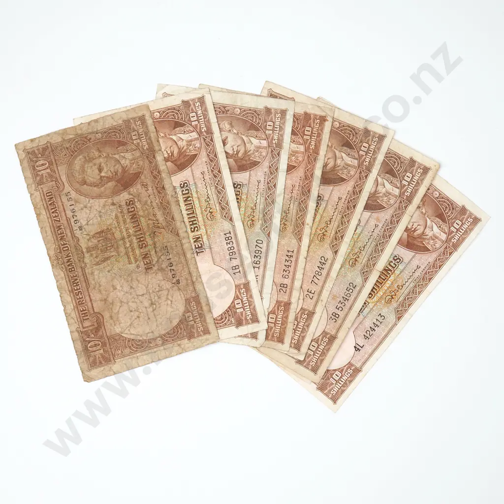 Seven NZ Fleming & One Hanna Ten Shilling Banknotes - Various Prefixes - Circulated Condition Image 1++