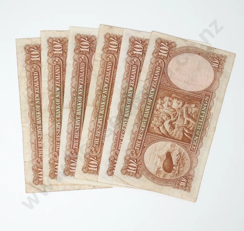 Six NZ Fleming Ten Shilling Banknotes - Various Prefixes - Circulated Condition Image 1++
