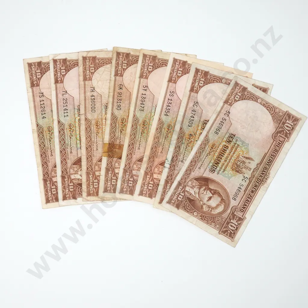 Eight NZ Fleming Ten Shilling Banknotes - Various Prefixes - Circulated Condition Image 1++