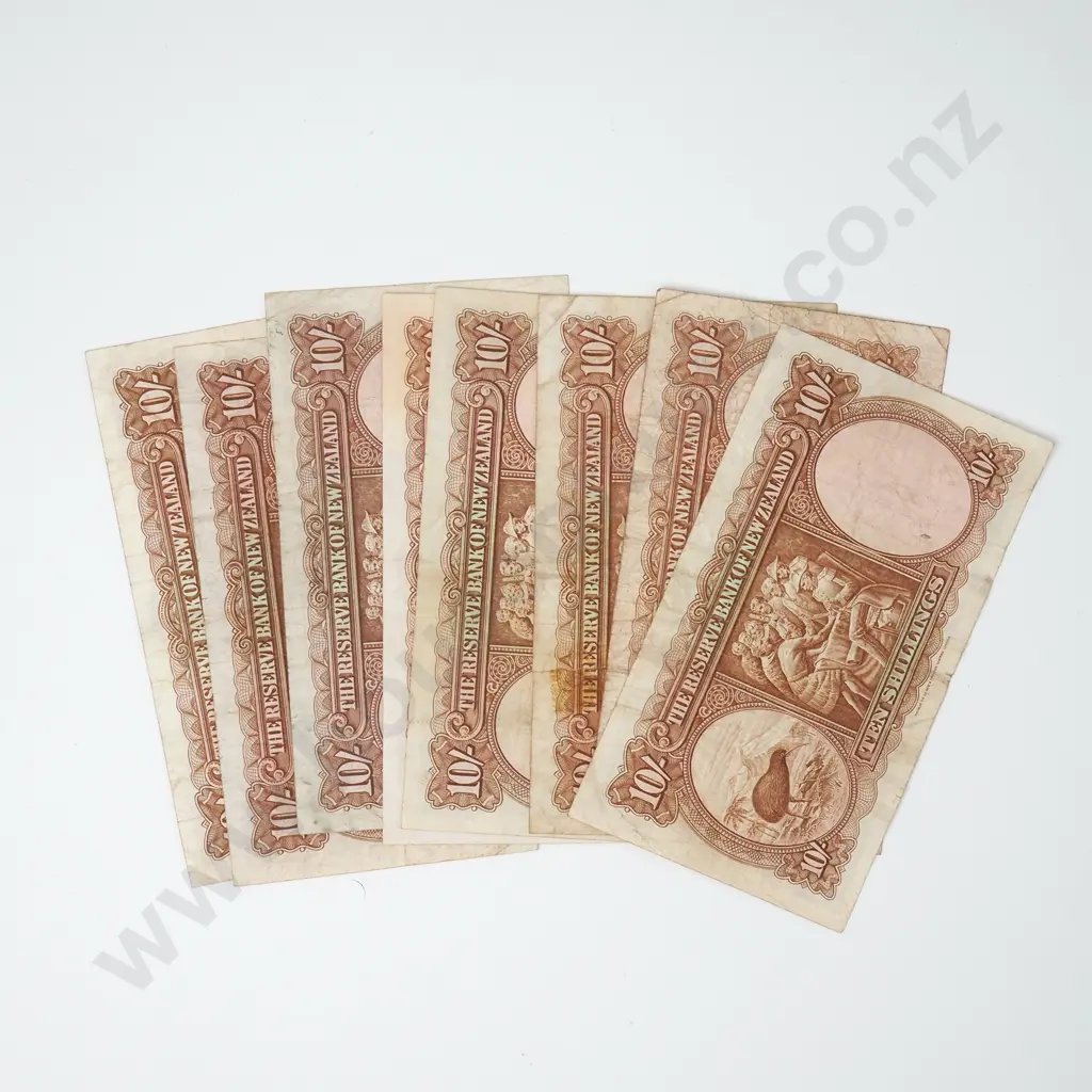Eight NZ Fleming Ten Shilling Banknotes - Various Prefixes - Circulated Condition Image 1++