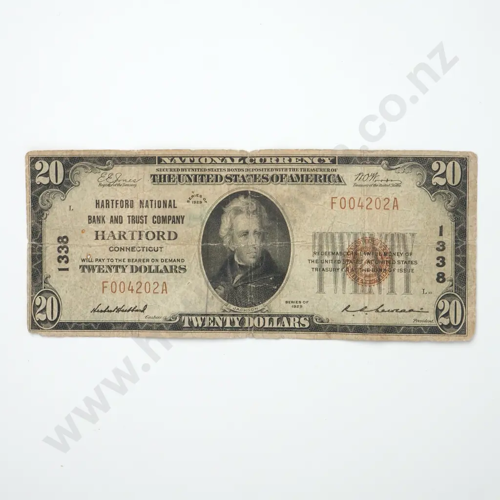 1929 United States of America Twenty Dollar Banknote - Hartford National Bank & Trust Company Image 1++