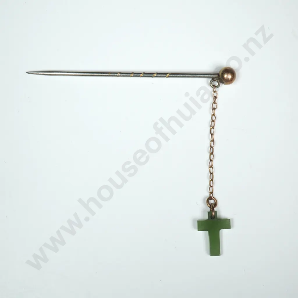 Stick Pin w Dangling Greenstone Cross Image 1++