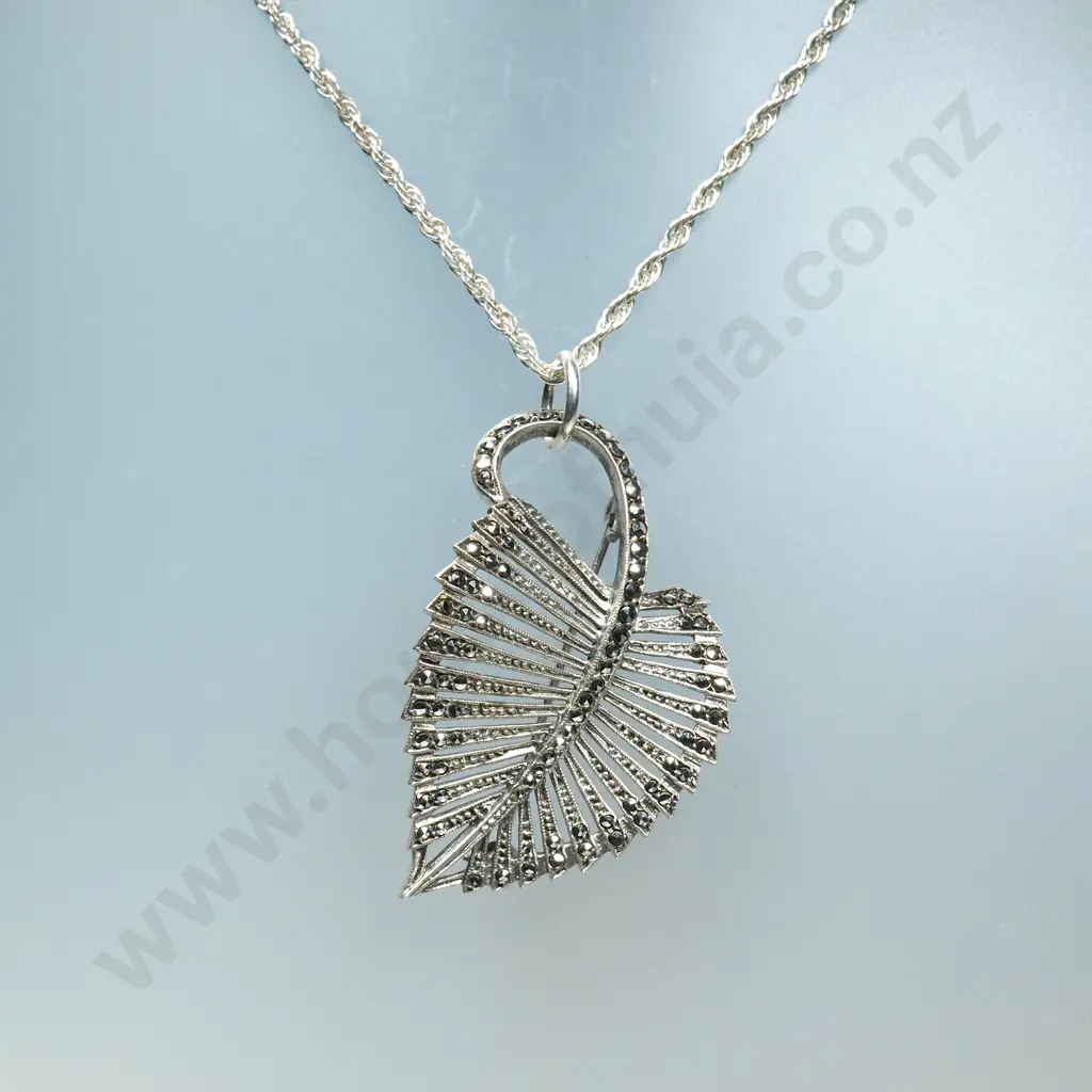 Sterling Silver Marcasite Leaf Pendant on Sterling Silver Chain Image 1++