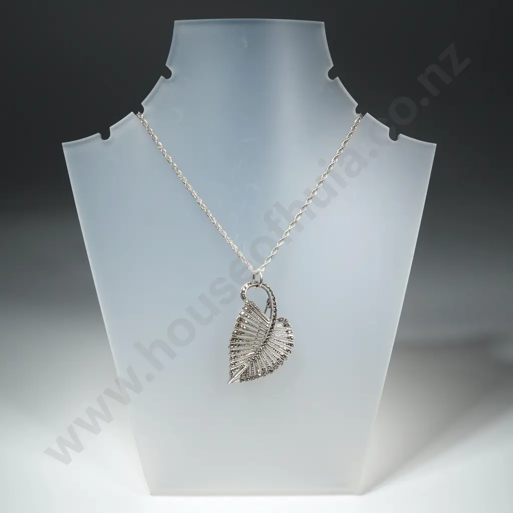 Sterling Silver Marcasite Leaf Pendant on Sterling Silver Chain Image 1++