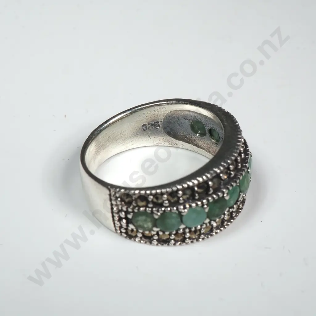 Sterling Silver Marcasite & Emerald Ring Image 1++