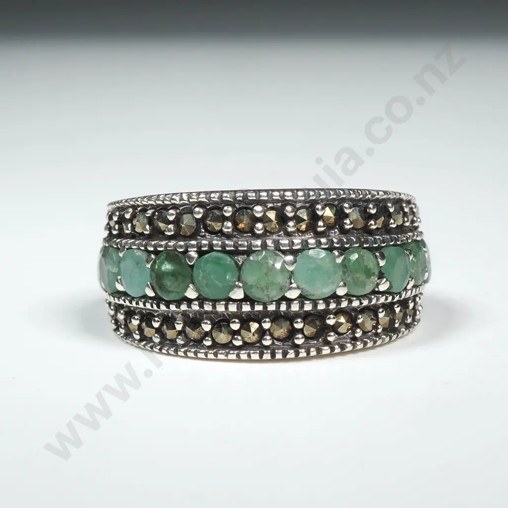 Sterling Silver Marcasite & Emerald Ring Image 1++