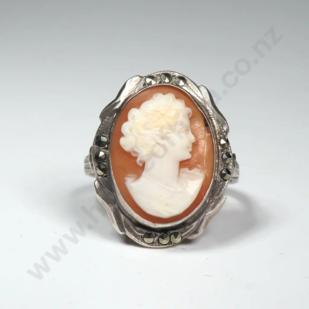 Silver Marcasite Cameo Ring Image 1++
