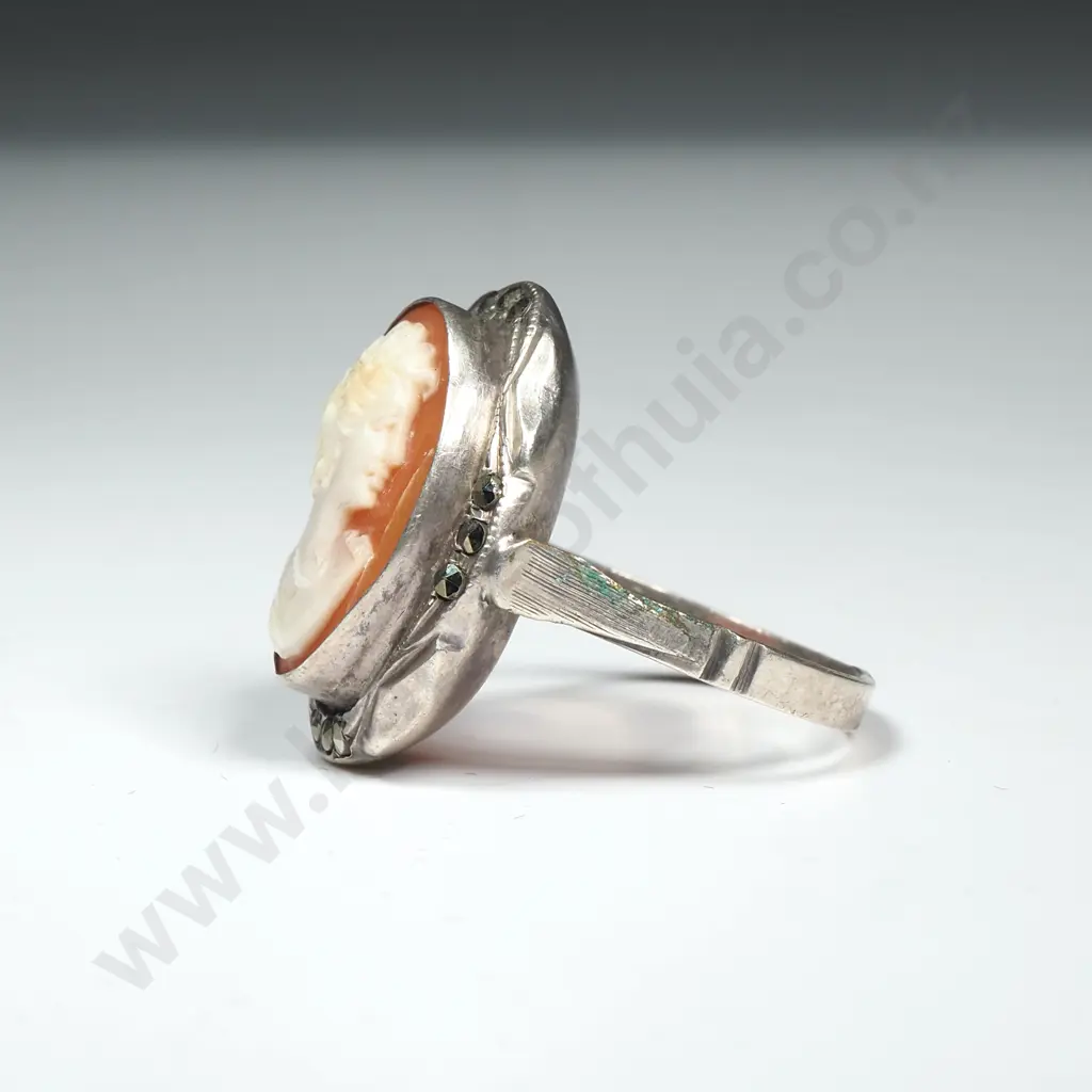Silver Marcasite Cameo Ring Image 1++
