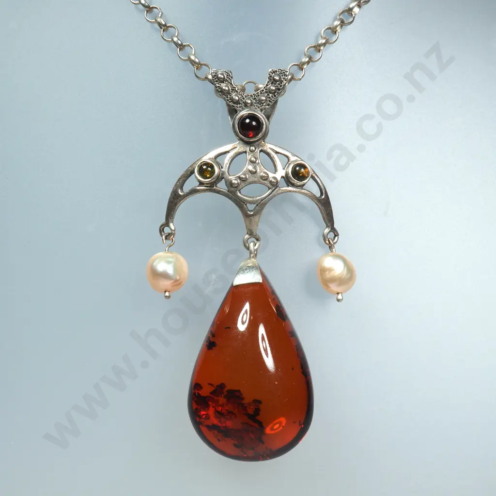 Sterling Silver Pearl & Amber Necklace Image 1++