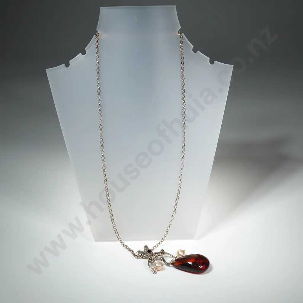 Sterling Silver Pearl & Amber Necklace Image 1++