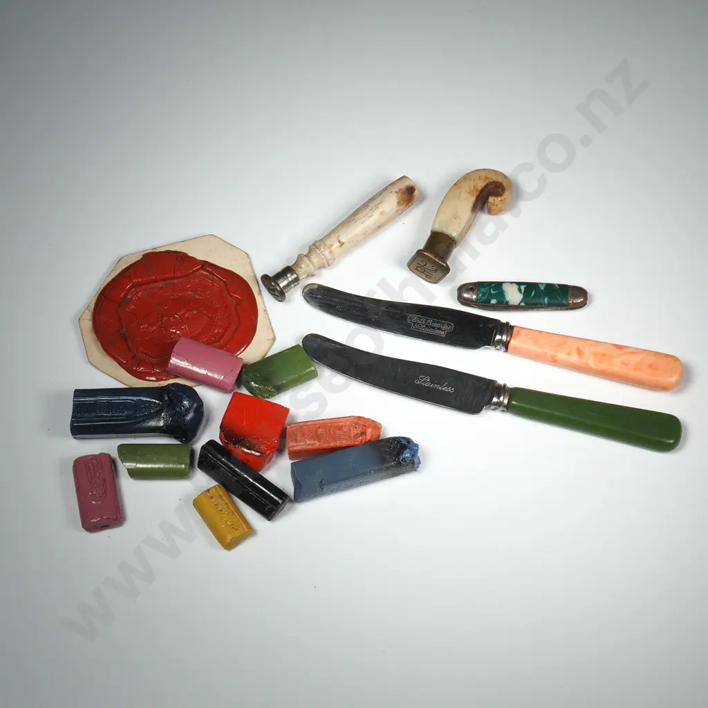Assorted Lot of Brass Seals / Sealing Wax / Two Butter Knives Image 1++