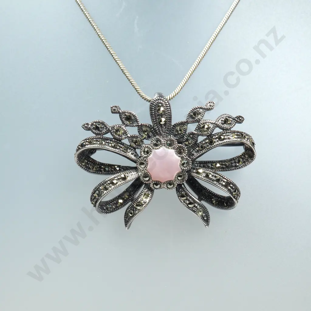 Sterling Silver Marcasite Pendant / Brooch on Sterling Chain Image 1++