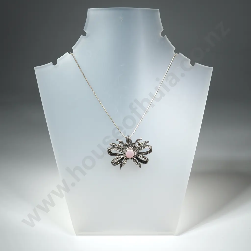 Sterling Silver Marcasite Pendant / Brooch on Sterling Chain Image 1++