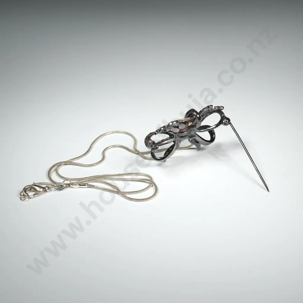 Sterling Silver Marcasite Pendant / Brooch on Sterling Chain Image 1++