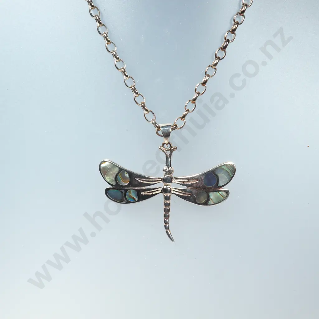 Modern Sterling Silver Paua Set Dragonfly Pendant With Sterling Silver Chain Image 1++