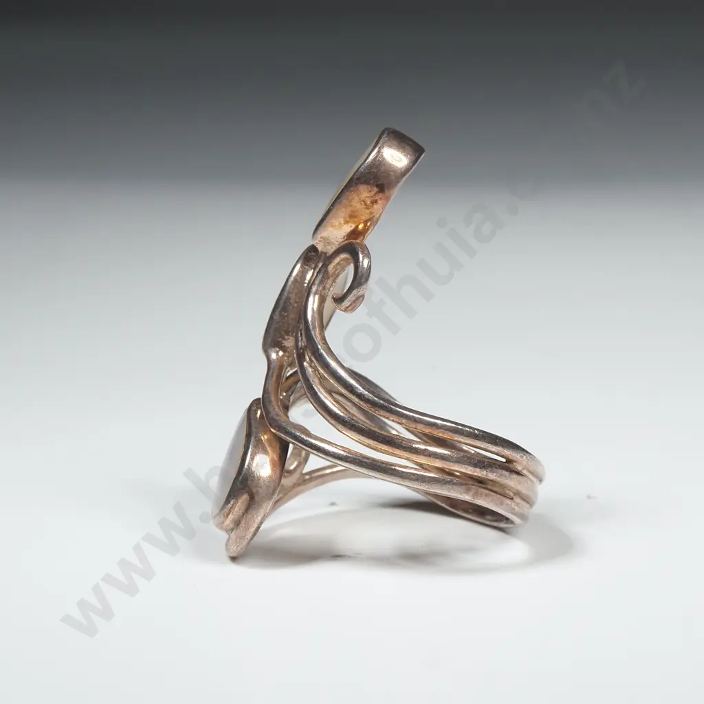 Ornate Mid Century Sterling Silver & Mother Of Pearl Ring  Image 1++