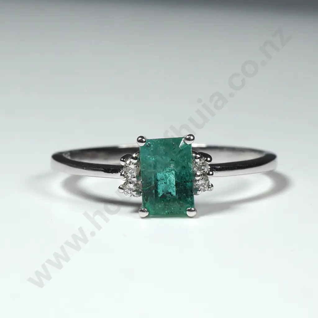 Sterling Silver Diamond & Emerald Ring Image 1++