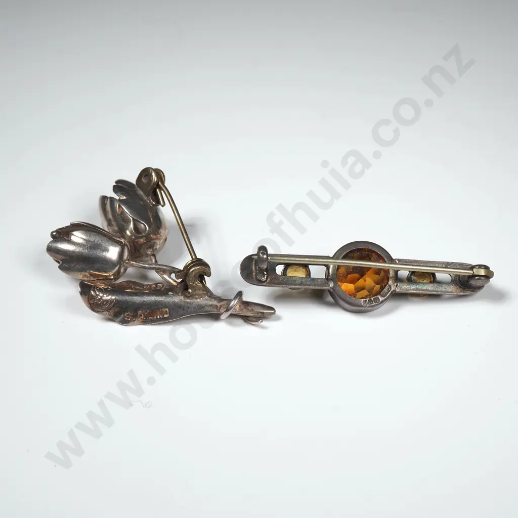 Two Brooches - One Set With Amber Stones & The Other In The Form Of Tulips Image 1++