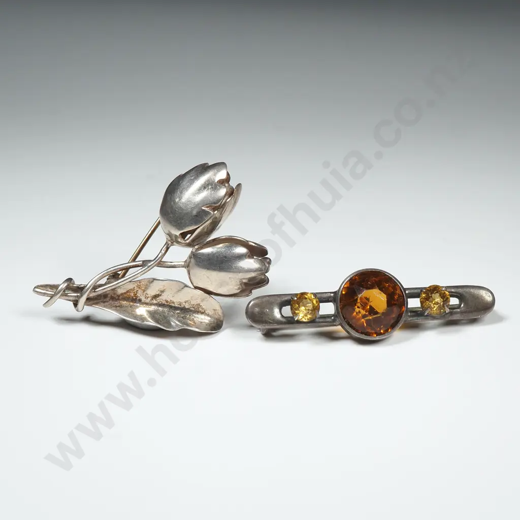 Two Brooches - One Set With Amber Stones & The Other In The Form Of Tulips Image 1++