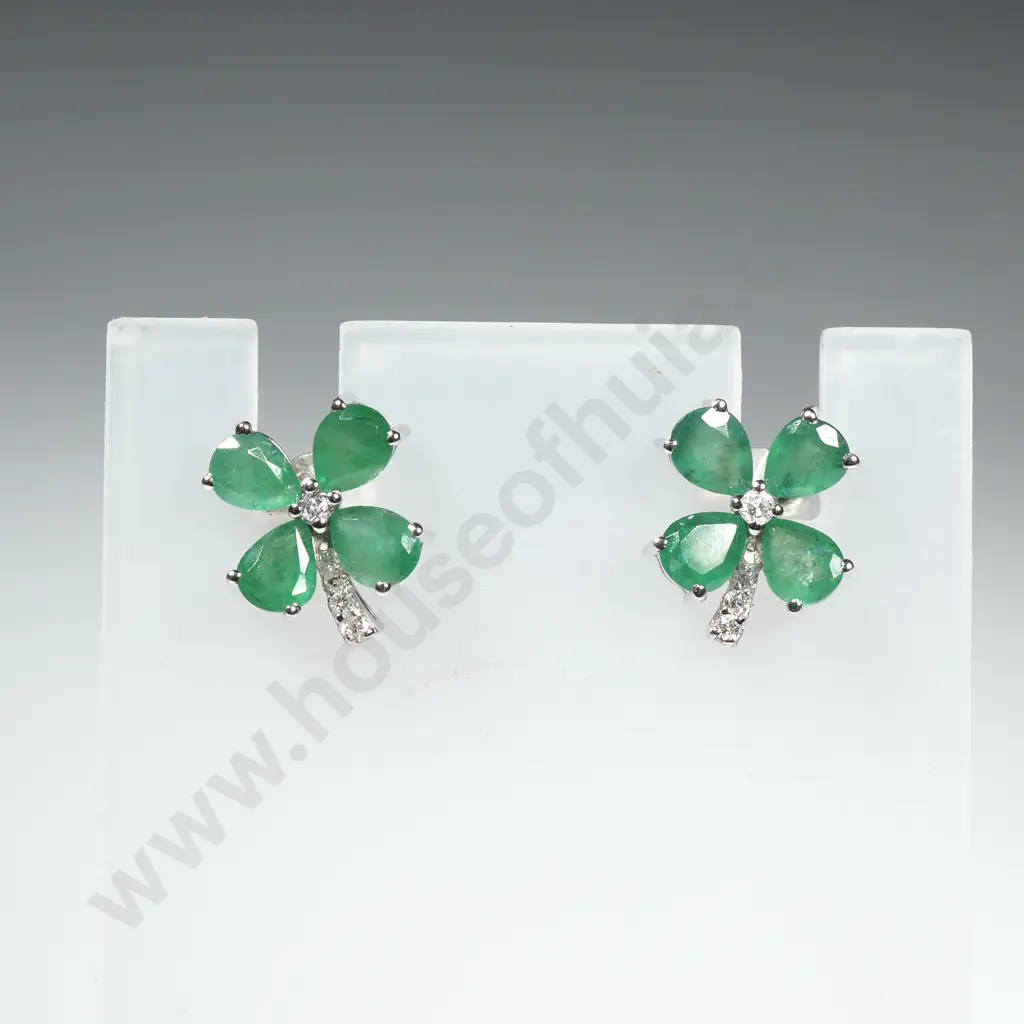 Sterling Silver Diamond & Emeralds Stud Earrings Image 1++